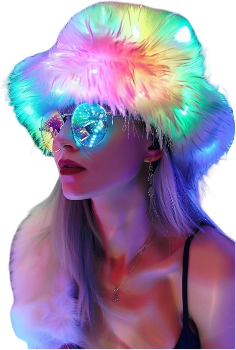 Wuwdysa Women Teen Warm Winter Hat Rainbow Fluffy Furry Plush Faux Fur Hats Smart LED Light Up Fishing Hat Bucket Hats - Image 1